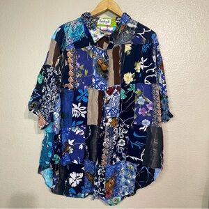 Vintage 1990s Rayon Patchwork Short Sleeve‎ Button Up Collared Shirt goblincore